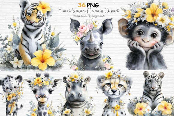 Download Floral Safari Animals Clipart PNG - Safari Collection